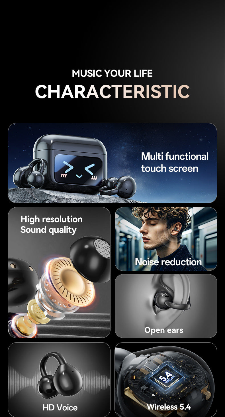 Smart TWS Earbuds with Full Touch Screen Case - Wireless 5.4, Open-Ear, Noise Reduction(black)
