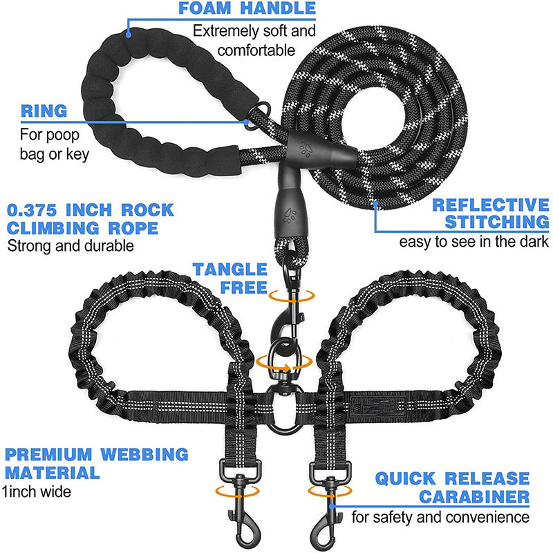 Black Pet Double-Ended Rope + 1.5M Leash - Easy to walk two dogs, tangle-free design