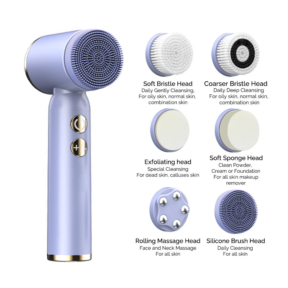 Pink 6-in-1 Electric Facial Cleansing Brush Set - Rechargeable & Waterproof