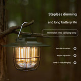 Black Vintage LED Camping Lantern - Rechargeable, Stepless Dimming, Power Bank - Front View
