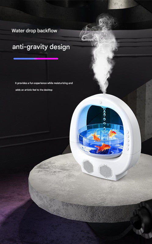 Black 3-in-1 Anti-Gravity Water Drop Humidifier with Bluetooth Speaker & LED Fish Tank Light
