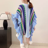 Light blue Women's printed knitted cardigan cape with ruffled sleeves (Style 2) - Front View