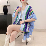 Light blue Women's printed knitted cardigan cape with ruffled sleeves (Style 2) - Side View