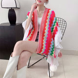 Red Women's printed knitted cardigan cape with ruffled sleeves (Style 1) - Front View