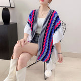 Blue Black Women's printed knitted cardigan cape with ruffled sleeves (Style 6) - Side View