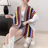 Brown Women's printed knitted cardigan cape with ruffled sleeves (Style 4) - Front View
