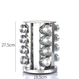 Modern stainless steel round-top rotating spice rack with 16 empty glass jars (88 ml each)