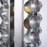 Modern stainless steel round-top rotating spice rack with 16 empty glass jars (88 ml each) - Top-Down View
