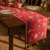 Red Christmas Table Runner with Tassels - Festive Snowflake & Bell Print (35*220cm) - Side View