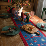 Blue Christmas Festive Table Runner - Blue with Snowman, Reindeer and Happy Holidays (35*180cm) - Front View