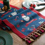 Blue Christmas Festive Table Runner - Blue with Snowman, Reindeer and Happy Holidays (35*180cm) - Side View