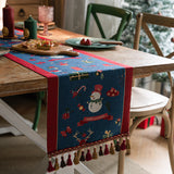 Blue Christmas Festive Table Runner - Blue with Snowman, Reindeer and Happy Holidays (35*180cm) - Top-Down View