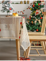Embroidered Christmas Tablecloth - Embroidered Bells & Holly Design (140*305cm) - Top-Down View