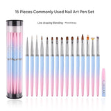 Professional Nail Art Brush Kit (15pcs) - Gradient Handles Manicure Tools