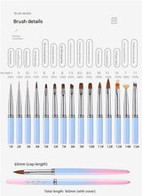 Professional Nail Art Brush Kit (15pcs) - Gradient Handles Manicure Tools - Front View