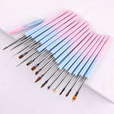 Professional Nail Art Brush Kit (15pcs) - Gradient Handles Manicure Tools - 45-Degree Angle