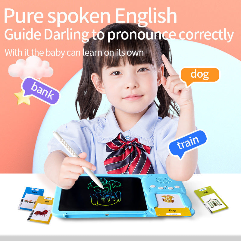 Blue (112 cards, pure English) Kids Interactive Early Education Toy: Combination Card Reader & LCD Drawing Board for Toddlers