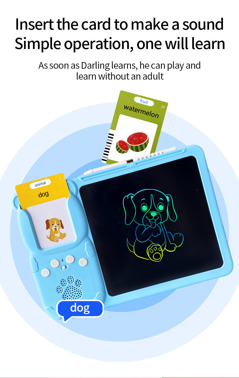Blue (112 cards, pure English) Kids Interactive Early Education Toy: Combination Card Reader & LCD Drawing Board for Toddlers