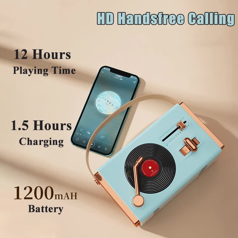 Green Retro Record Player Style Bluetooth Speaker - Portable Wireless Turntable Design Audio