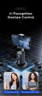 Black AI Smart Auto Tracking Phone Holder - 360° Rotation Face & Body Tracking Mount - Top-Down View