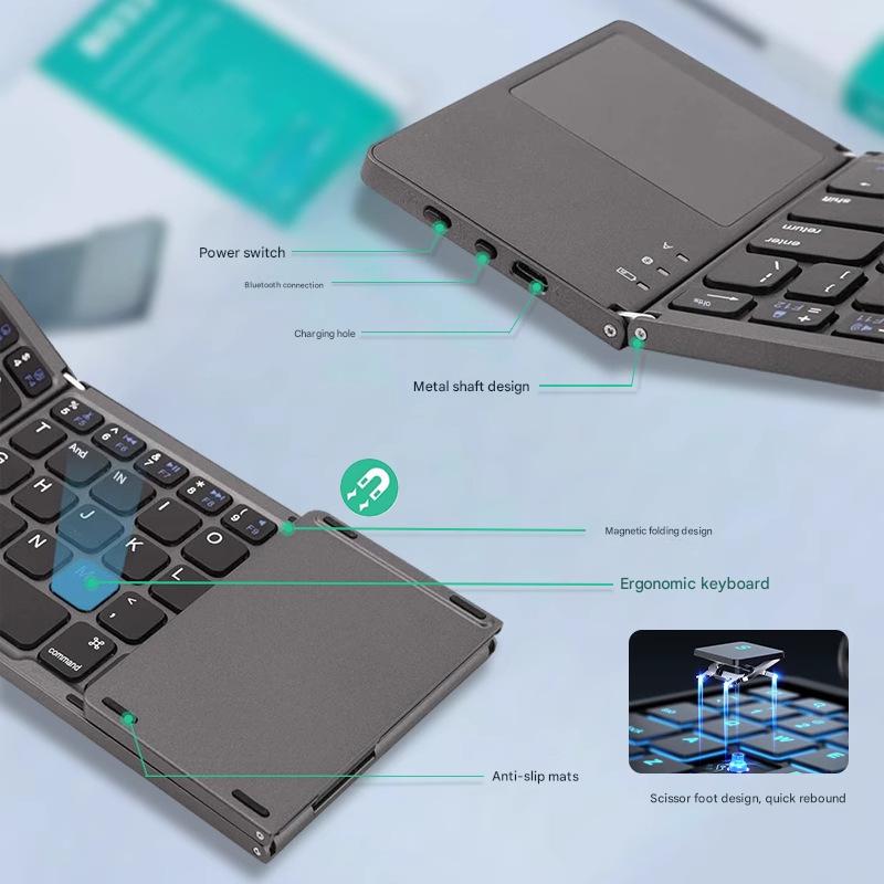 White Tri-Fold Bluetooth Keyboard with Touchpad - Multi-Device Compatible (iOS/Android/Win)