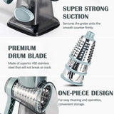 White Rotary Cheese Grater & Vegetable Slicer - Manual Shredder with 3 Interchangeable Drums - 45-Degree Angle