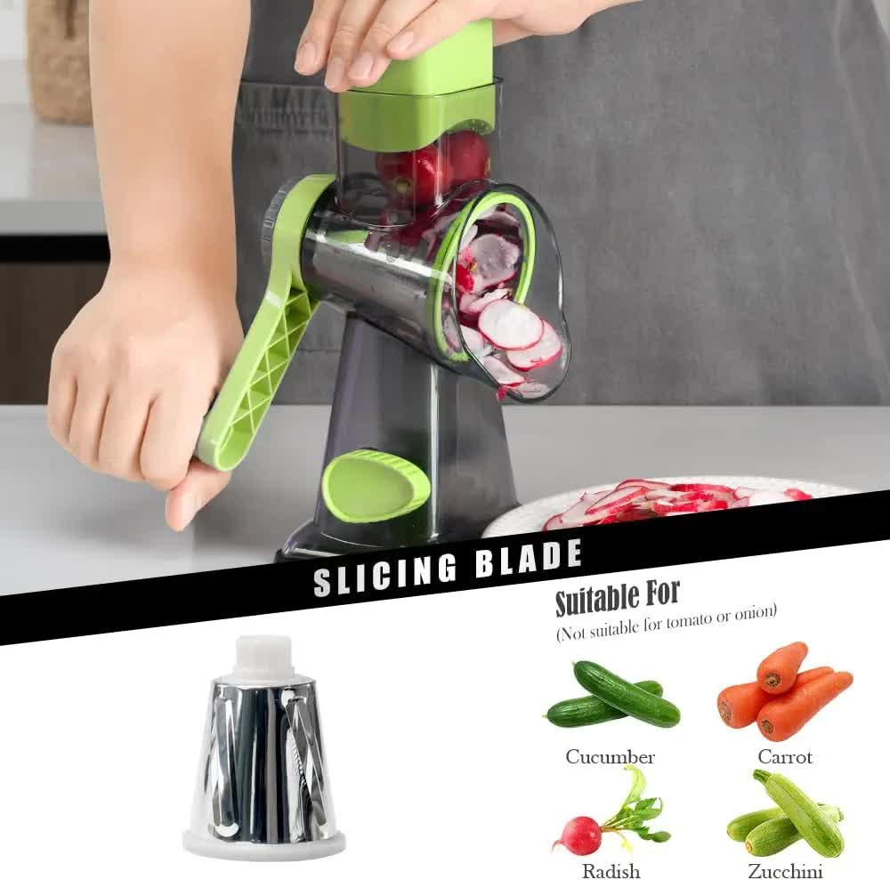 Red Rotary Cheese Grater & Vegetable Slicer - Manual Shredder with 3 Interchangeable Drums