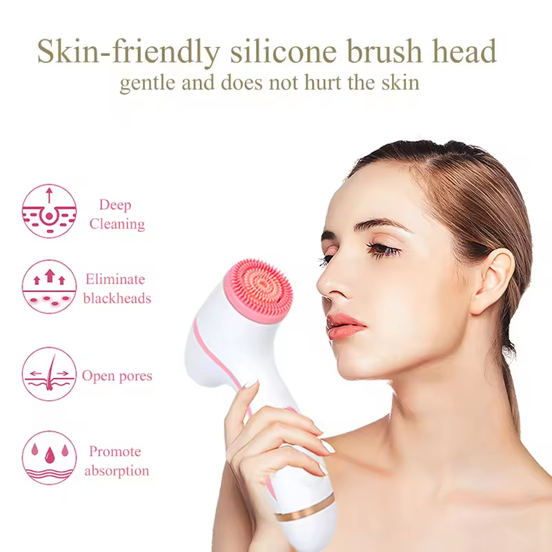 Blue Waterproof Facial Cleansing Spin Brush Set - Rechargeable with 3 Heads & Charging Stand