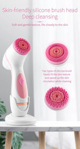Blue Waterproof Facial Cleansing Spin Brush Set - Rechargeable with 3 Heads & Charging Stand - Side View