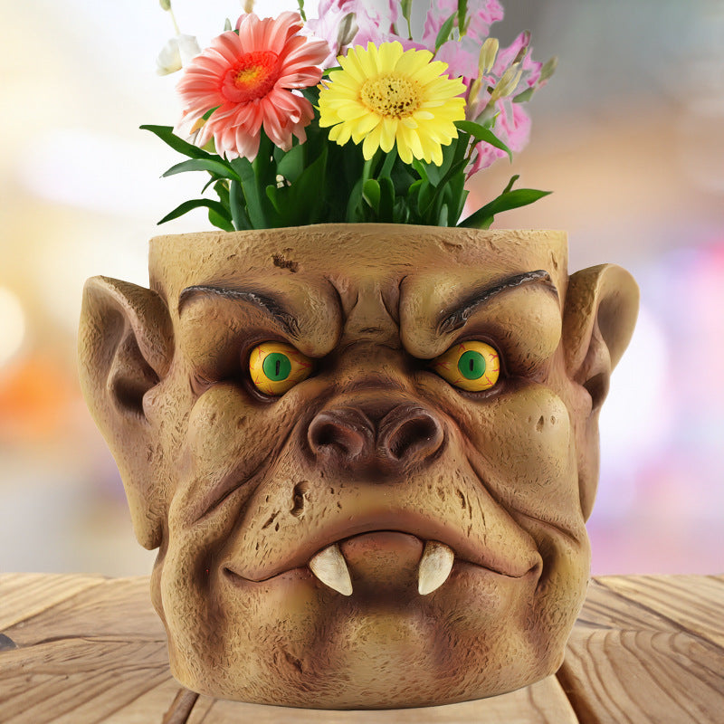Brown Unique Goblin Head Planter Pot - Resin Monster Face for Succulents & Decor (Style 2)