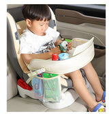 Kids Car Seat Travel Tray - Waterproof Lap Desk with Storage Pockets (Beige Bear - Round) - Side View