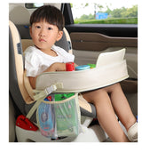 Kids Car Seat Travel Tray - Waterproof Lap Desk with Storage Pockets (Beige bunny - Round) - Top-Down View