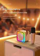 Beige Fun Portable Party Speaker - Karaoke Machine with Two Wireless Microphones and Voice Effects - Side View