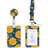 2-pcs Retractable ID Badge Reel Lanyard Set with Vertical Hard Plastic Card Holder - Blue Yellow Floral (Style 1) - Front View