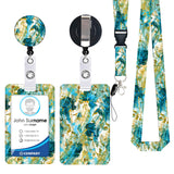 2-pcs Retractable ID Badge Reel Lanyard Set with Vertical Hard Plastic Card Holder - Blue rock patterns (Style 3) - Front View
