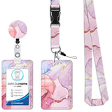 2-pcs Retractable ID Badge Reel Lanyard Set with Vertical Hard Plastic Card Holder - Pink marble patterns (Style 6)