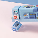 2-pcs Blue Fun School Bus Pencil Box with Built-in Sharpener - 3 Layer Large Capacity Stationery Box for Kids - Side View