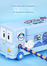 2-pcs Pink Fun School Bus Pencil Box with Built-in Sharpener - 3 Layer Large Capacity Stationery Box for Kids - Front View