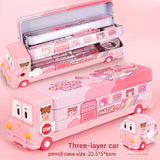 2-pcs (One pink and one blue) Fun School Bus Pencil Box with Built-in Sharpener - 3 Layer Large Capacity Stationery Box for Kids - Side View