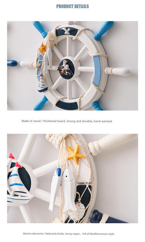 Nautical Wooden Rudder Wall Decor - 34cm Coastal Home Decor Accent (Blue and white rudder)
