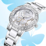 Women's Butterfly Quartz Watch with Ceramic Steel Strap and Luminous Hands (Silver shell white surface steel belt) - Front View
