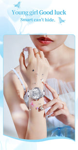 Women's Butterfly Quartz Watch with Ceramic Steel Strap and Luminous Hands (Silver shell white surface steel belt) - Top-Down View