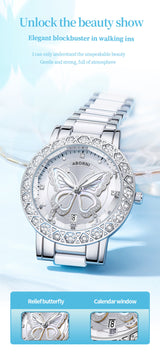Women's Butterfly Quartz Watch with Ceramic Steel Strap and Luminous Hands (Silver shell white surface steel belt) - 45-Degree Angle
