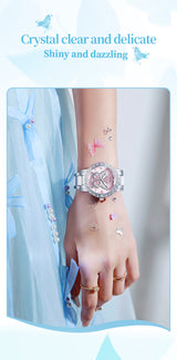 Women's Butterfly Quartz Watch with Ceramic Steel Strap and Luminous Hands (Silver shell powder surface steel belt) - Top-Down View