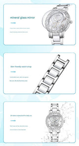 Women's Butterfly Quartz Watch with Ceramic Steel Strap and Luminous Hands (Silver shell powder surface steel belt)