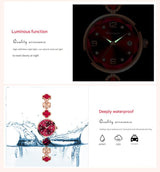 White Women's Four-Leaf Clover Quartz Watch with Red Dial and Crystal Accents