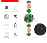 Green Women's Four-Leaf Clover Quartz Watch with Red Dial and Crystal Accents - Front View