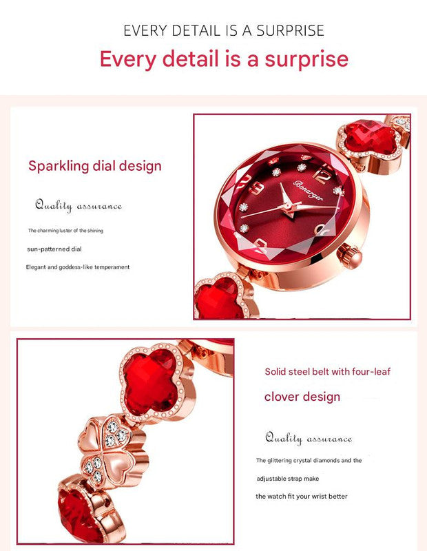 Green Women's Four-Leaf Clover Quartz Watch with Red Dial and Crystal Accents