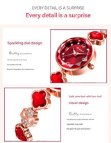 Green Women's Four-Leaf Clover Quartz Watch with Red Dial and Crystal Accents - Side View