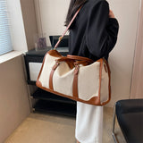Brown Contrast Color Women's Travel Bag - Canvas & PU Leather Trim Luggage (43x27x19cm) - Front View